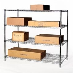 three tier shelving unit with cardboard boxes