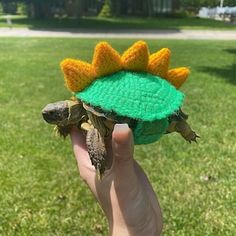 a hand holding a small turtle wearing a crocheted sunflower on its head