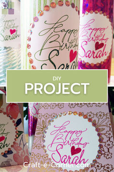 some pink and purple cards with the words project on them in front of other greeting cards