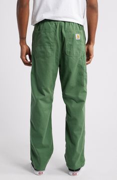 Made from durable organic-cotton twill, these straight-leg pants with an elastic waist are sure to be your everyday go-to. 29 1/2" inseam; 15" leg opening; 15" front rise; 16 1/2" back rise (size Medium) Elastic waist Front slant pockets; back patch pockets 100% organic cotton Dry clean or machine wash, tumble dry Imported Utility Cotton Work Pants With Elastic Waistband, Green Relaxed Fit Cargo Pants For Everyday, Relaxed Fit Cotton Work Pants With Elastic Waistband, Green Relaxed Fit Cotton Work Pants, Green Cotton Cargo Pants For Everyday Wear, Green Cotton Pants With Comfort Waistband, Everyday Green Cotton Cargo Pants, Carhartt Mens Fashion Pants, Green Carpenter Pants