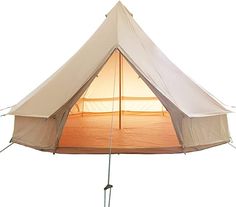 a white tent with the light on in it's center and two poles sticking out