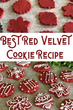 the best red velvet cookie recipe for christmas cookies with white frosting on top, and decorated