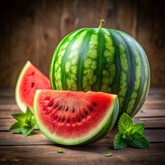 two watermelon slices and one slice cut in half