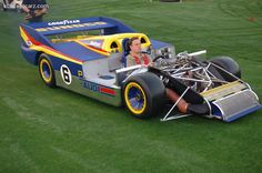 a man sitting in the back of a race car on top of a green field