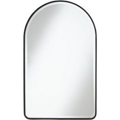 an arch shaped mirror on a white wall with black trimmings and a metal frame