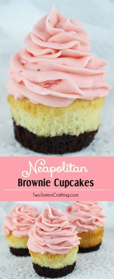 Neapolitan Brownie Cupcakes - brownies plus cake plus strawberry frosting in one unique and delicious cupcake recipe. This special cupcake tastes as amazing as it looks! Your family and your guests will be impressed when you serve this super yummy and unique strawberry dessert. Follow us for more great Cupcake Ideas. #cupcakerecipes Delicious Cupcakes Recipes, Cheesecake Brownie, Brownie Cupcakes, Strawberry Frosting, Cupcake Wars, Delicious Cupcakes, Cupcakes Ideas, Strawberry Dessert, Cupcakes Recipes