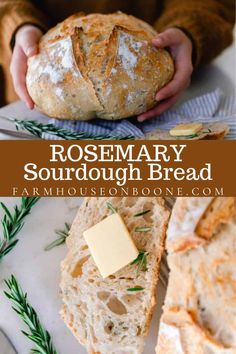 rosemary sourdough bread on a plate with butter