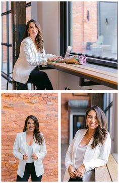 three photos of a woman sitting at a table in front of a window and smiling