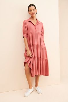 Rent Collared Tiered Shirtdress from Nuuly. Pick 6 items for $98/month. Free shipping + returns. Tiered Dresses, Modern Fabrics, Flowy Shirt, English Factory, Classic Feminine, Things To Sew, Modern Fabric, Shirtdress, Sewing Patterns