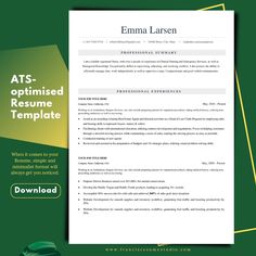 a professional resume template with green and yellow accents on the cover, it is also available for