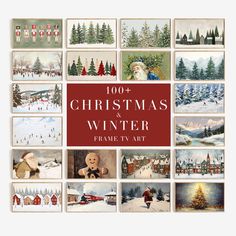 a christmas and winter framer art book with images of snow covered trees, houses, santa's sleighs