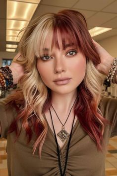 Short Two Toned Hair With Bangs, Fall Fun Colors For Hair, Color Block Fall Hair, Dark Red Stripes Hair, Color Blocking Bob Hair, Shag Split Dye, Hair Color Ideas Bottom Half, Colour Block Hair Curly, Blonde And Copper Short Hair