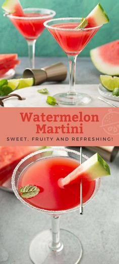 watermelon martini in coupe glasses garnished with mint and sliced cucumber