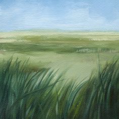 an oil painting of green grass and blue sky