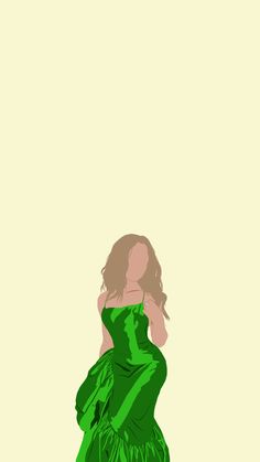 a woman in a green dress is standing with her back to the camera and she has long hair