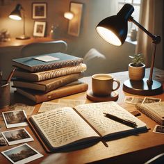 an open book on a desk next to a lamp and coffee cup with photos around it