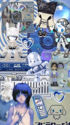 a collage of anime characters and objects