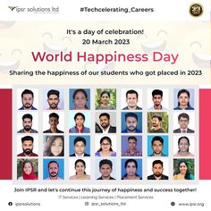 an advertisement for world happiness day with many people smiling and looking at the same person