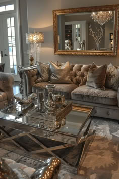 a living room filled with furniture and a large mirror