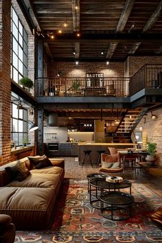 a living room filled with furniture and lots of windows next to a spiral stair case