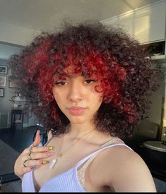 Half Colored Curly Hair, Black With Red Highlights Curly Hair, Curly Hair With Dyed Ends, Hair Dye For Short Curly Hair, Red And Black Hair Curly, Curly Colored Hair Aesthetic, Under Hair Dye Curly, Black And Red Curly Hair, Red And Black Curly Hair