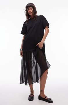 A sheer skirt lends plenty of elegance to this T-shirt dress that strides the line between casual and chic. Slips on over head Crewneck Short sleeves 93% cotton, 7% elastane with 100% polyester contrast Machine wash, line dry Imported Sheer Skirt, Winter Party Dress, Satin Slip Dress, Plain Design, Black Shirt Dress, Maxi Dress Trend, Hoodies For Sale, Floral Dress Black, Plus Size Pregnancy