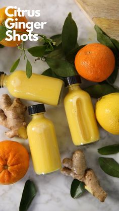 citrus ginger shots surrounded by oranges and ginger root