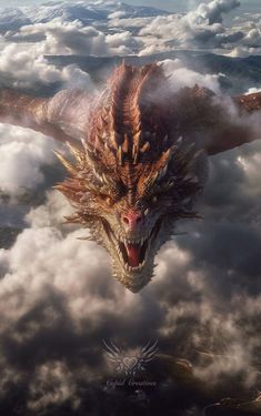 a dragon flying through the sky above clouds