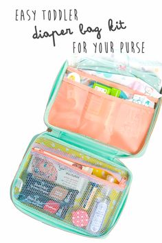 an open green case filled with lots of items on top of a white background and the words, easy todder diaper bag list for your purse