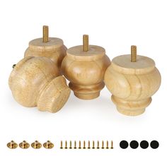 four wooden knobs and screws are shown in this image, including one that has been turned to look like something out of wood