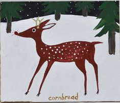 a painting of a deer with antlers on it's head in the snow