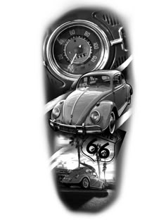 a black and white photo of an old vw bug on the side of a car