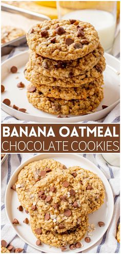 banana oatmeal chocolate chip cookies stacked on top of each other