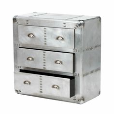 two drawers with rivets on each drawer are shown in this metal box that is open and closed