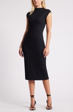 Smooth and stretchy fabric skims your silhouette in this contemporary midi dress given light structure from cap sleeves and a funnel neck. Hidden back-zip closure Funnel neck Cap sleeves 75% nylon, 25% spandex Machine wash, tumble dry Imported Light Structure, Exclusive Clothing, Office Attire, Fabric Gifts, Free Fabric, Funnel Neck, Black Fits, Nordstrom Dresses, Stretchy Fabric