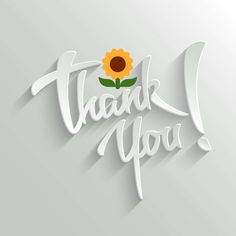 the words thank you and a sunflower on a light gray background with long shadow