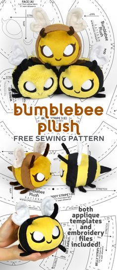 the bumblebee plush sewing pattern is shown with instructions for how to make it