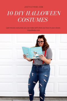 a woman in ripped jeans holding a book with the title, 10 diy halloween costumes