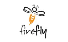 the logo for firefly is shown in black and white with an orange bee on it