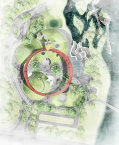 an artist's rendering of a circular building in the middle of a green area