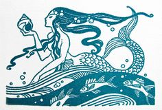 a blue and white drawing of a mermaid holding a fish