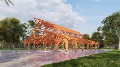 an artist's rendering of a wooden structure in the middle of a large park