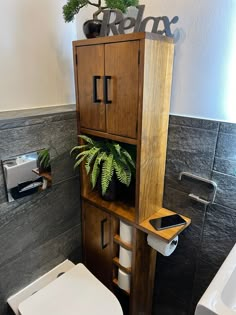 a bathroom with a toilet, cabinet and plant on the shelf above the toilet seat