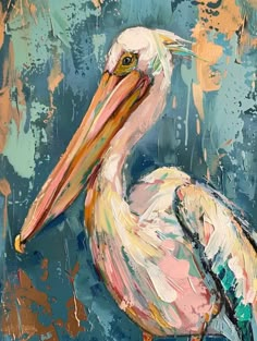 a painting of a pelican on a blue background