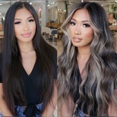 Black Hair Base Balayage, Money Pieces For Black Hair, Ashy Grey Balayage On Black Hair, Dark Hair Root Melt, Iced Brown Hair, Dark Hair With Cool Highlights, Different Ways To Highlight Hair, Brunette With Blonde Pieces, Black To Ash Blonde Balayage