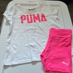 New Without Tags Puma Matching Set Short Sleeve With Pink Puma Writing Small Pink Puma Image On Back Adorable Pink Biker Shorts With Small Puma Image Shirt Has A Very Small Stop Packaged With Care Bundle & Save Fast Shipping Thank You For Taking The Time To Stop By My Closet. Happy Shopping! Pink Biker Shorts, Matching Sweat Set, Puma Tracksuit, Capri Outfits, Puma Outfit, Matching Sweats, Black Baby Boys, Pink Pumas, Black And White Baby