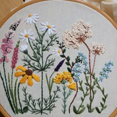 an embroidery project with various flowers on it