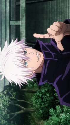 an anime character with white hair and blue eyes holding his hand up to the camera