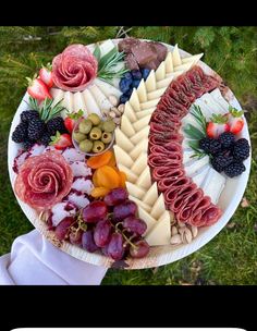 a platter filled with meats, cheeses and fruit on top of grass