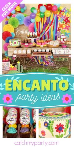 an encanto party with lots of colorful decorations and desserts on the table